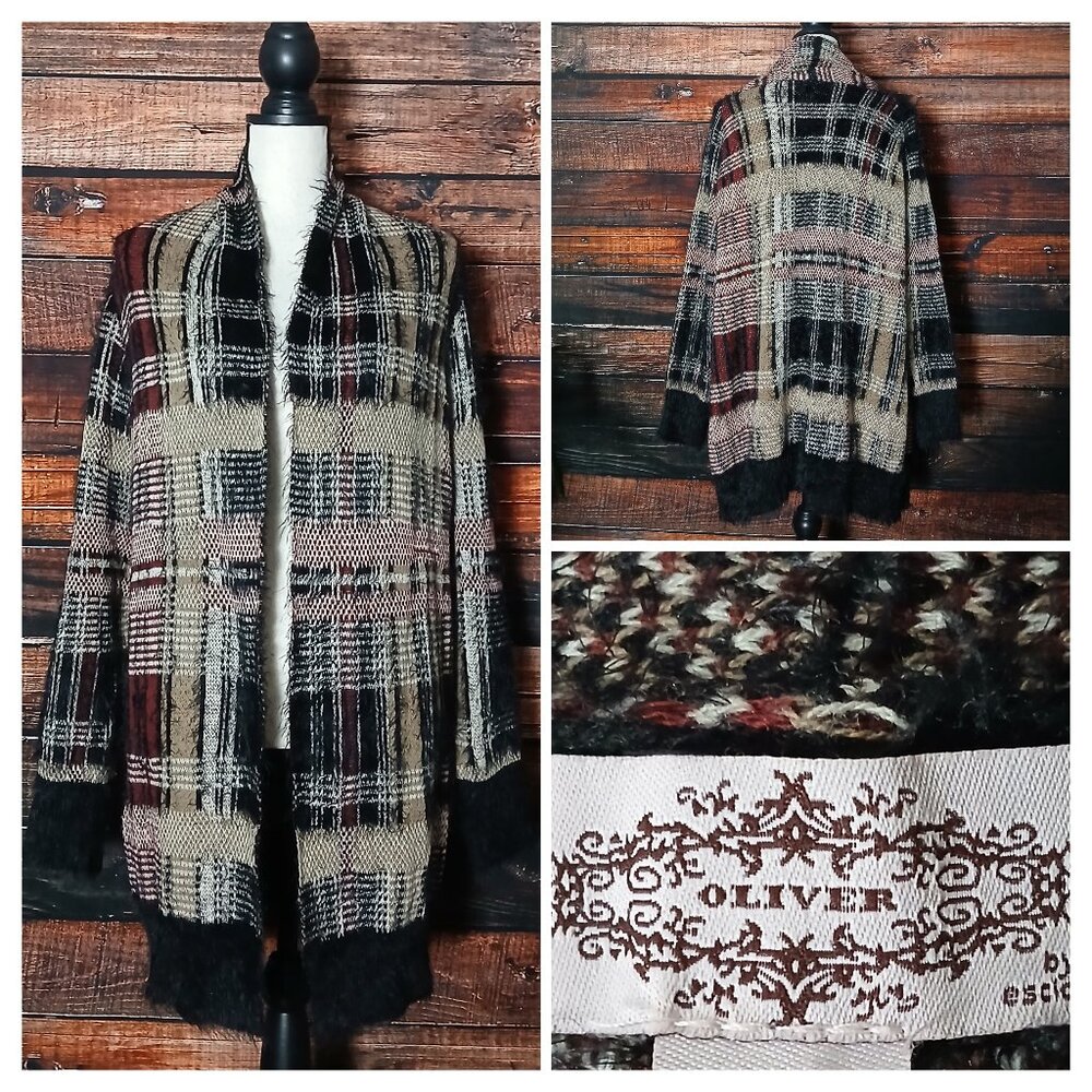 Oliver L Cardigan Sweater Plaid Eyelash Knit Open Front Soft Fuzzy Cozy